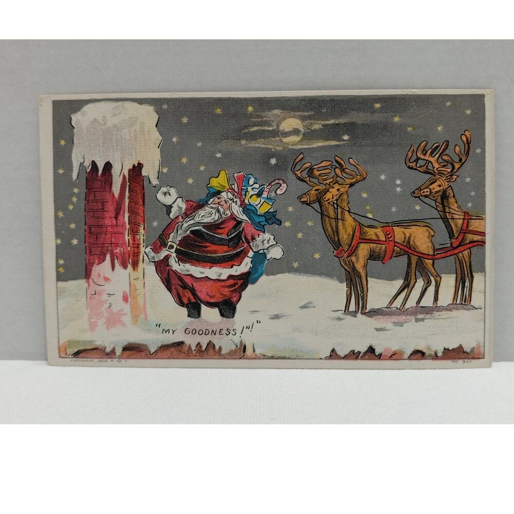 Antique Christmas Postcard Santa Claus on Roof with Reindeer Unposted Divided